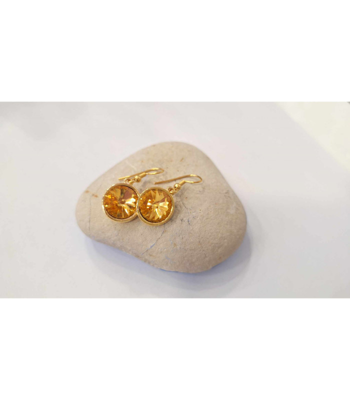 Σκουλαρίκια κρεμαστά στρογγυλά από ατσάλι επίχρυσα με χρυσή πέτρα