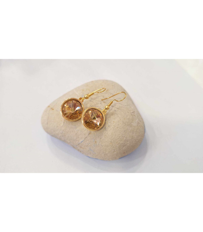 Σκουλαρίκια κρεμαστά στρογγυλά από ατσάλι επίχρυσα με μπρονζέ πέτρα