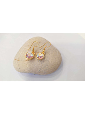 Σκουλαρίκια κρεμαστά στρογγυλά από ατσάλι επίχρυσα με διαφανή ροζ πέτρα