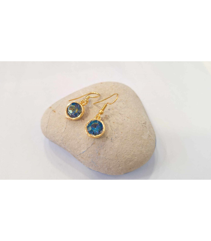 Σκουλαρίκια κρεμαστά στρογγυλά από ατσάλι επίχρυσα με μπλε πέτρα