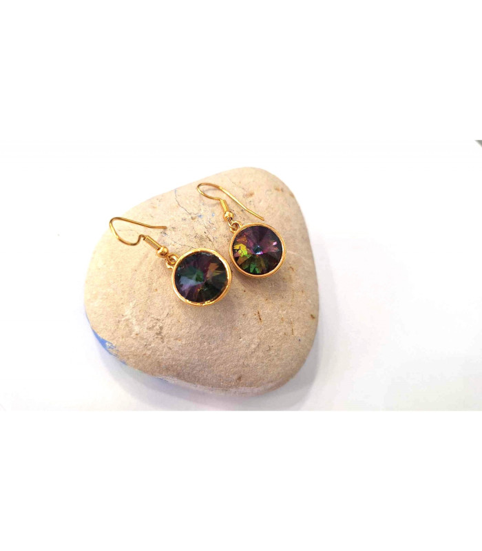 Σκουλαρίκια κρεμαστά στρογγυλά από ατσάλι επίχρυσα με μαύρη ιριδίζον πέτρα