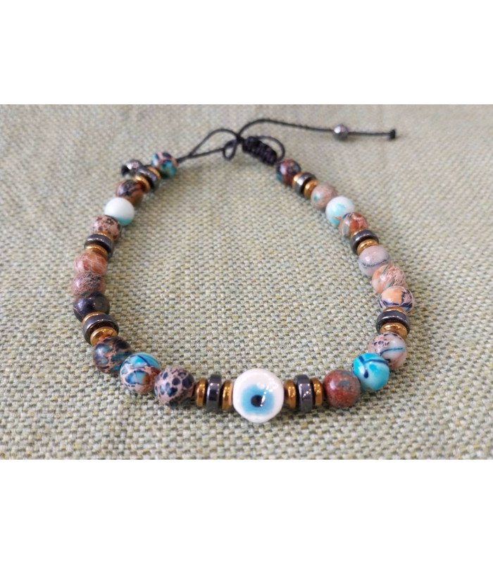 Βραχιόλι με χρωματιστές ορυκτές πέτρες και ματάκι